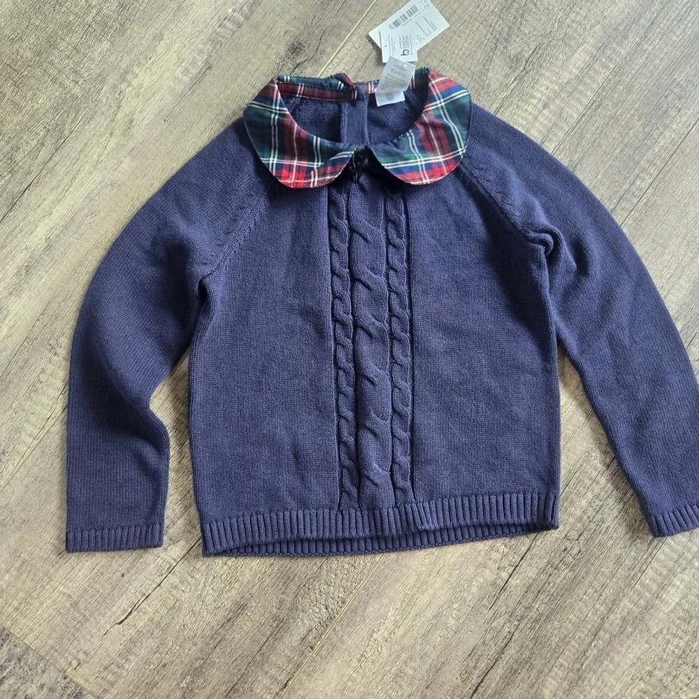 Gymboree Girls Navy Cable Knit Sweater Plaid Peter Pan Collar 4T NWT